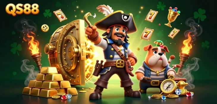 Experience thrilling wins with QS88 in a lively casino scene filled with treasures and vibrant characters.