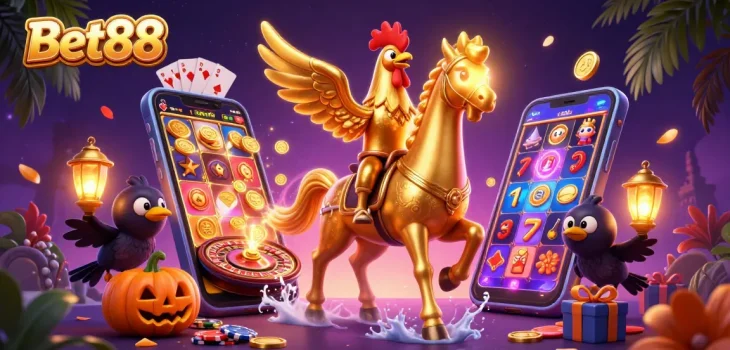 Play vibrant slot games with Bet88, featuring golden rooster characters amidst enchanting casino visuals.