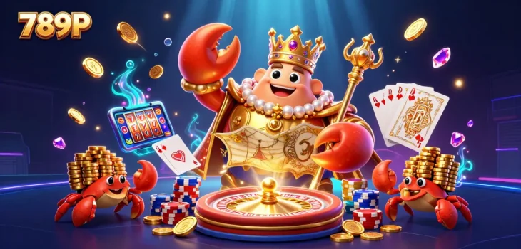 Experience thrilling casino action with the golden crab emperor at 789P, surrounded by coins and poker chips.