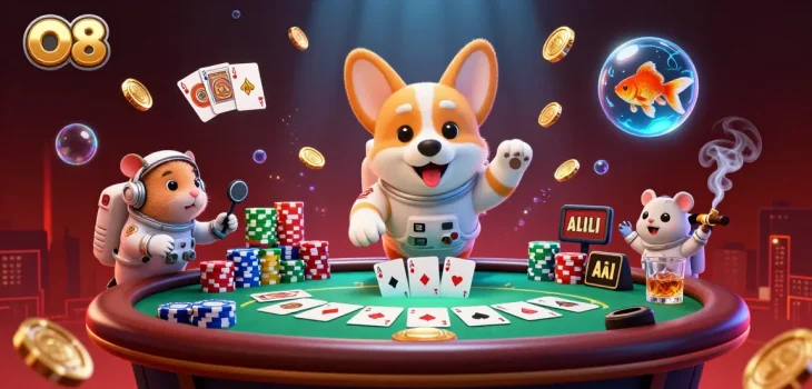 Experience the excitement at O8 with a vibrant space-themed casino scene featuring gaming elements and fun characters.