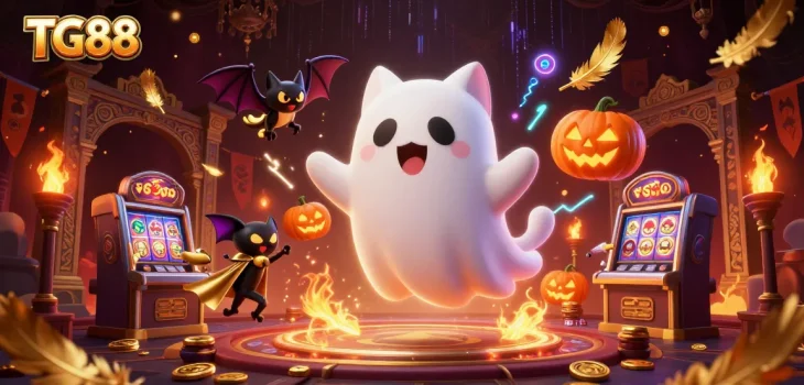 Experience the thrill of TG88 with a ghost cat and vampire bat in a haunted casino environment.