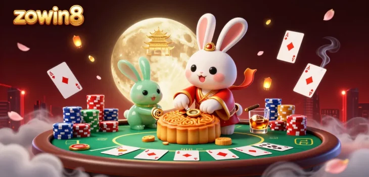 Experience the thrill at zowin8 with a vibrant casino-themed illustration featuring moon rabbits and poker elements.