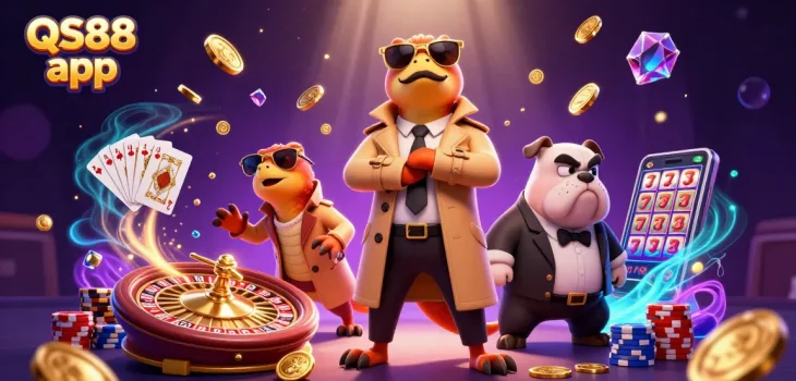 Spin to win with QS88 app as three raptors sneak into a casino lounge for a hefty jackpot!