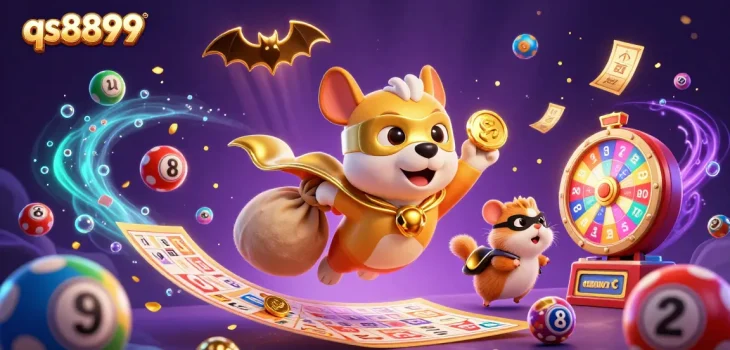 Experience thrilling action with qs8899 as a superhero dog and sidekick hamster collect prizes in a vibrant casino scene.