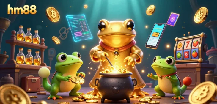 Experience the vibrant energy of hm88 with a charming 3D casino scene showcasing gold, slots, and crypto elements.