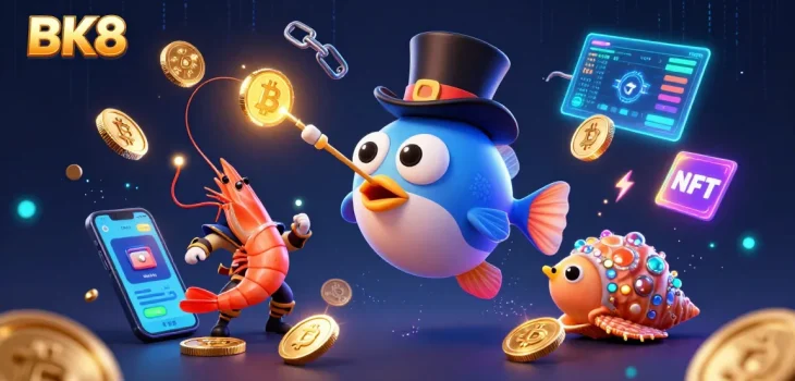 Experience BK8's thrilling gaming ecosystem with vibrant characters and crypto elements in this 3D digital art.