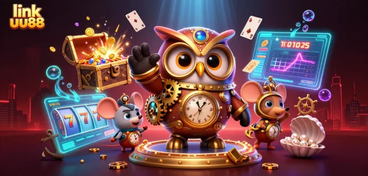 Engage with link uu88's thrilling game experience featuring vibrant casino elements and a fantastical backdrop.