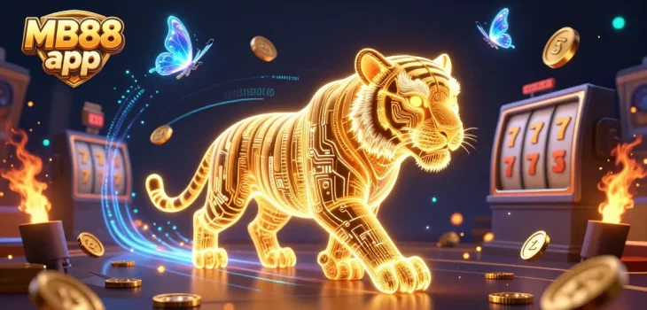 Join the action with the MB88 app, featuring a neon-wireframe tiger in a vibrant casino scene.