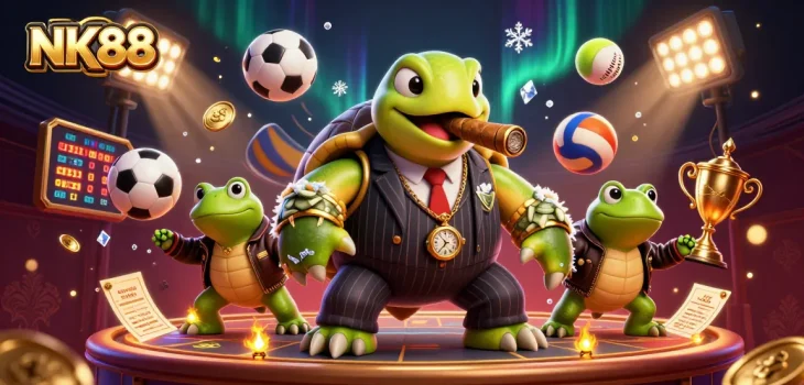 Experience the thrill of NK88 gaming with a snapping turtle in a casino scene filled with excitement.