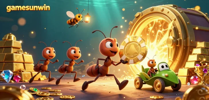 Engage with gamesunwin by witnessing ants steal a giant golden poker chip amidst luxurious treasure.