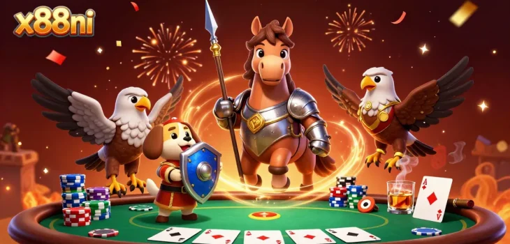 Engage in high-stakes gaming action with x88ni's vibrant casino illustration showcasing a knight, squire, and falcon.