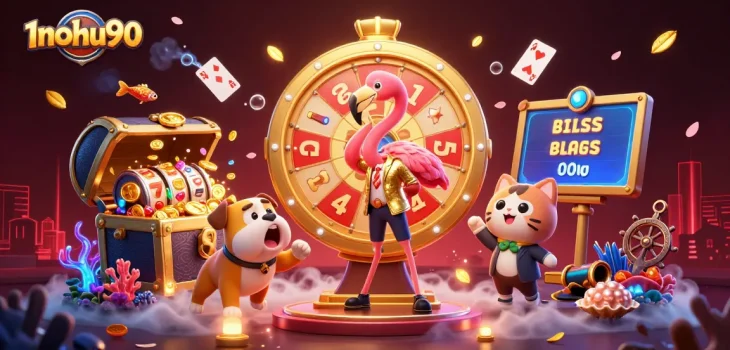 Spin the prize wheel with 1nohu90's vibrant game show host, celebrating big wins.