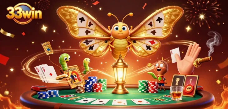 Engage with 33win's vibrant casino scene featuring playful moths and poker elements.