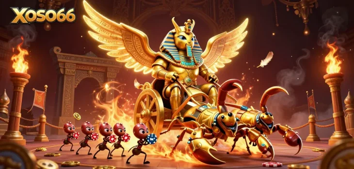 XOSO66 brings excitement with a colossal scarab beetle and scorpions in a vibrant 3D casino scene.
