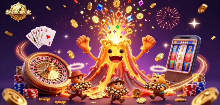 Experience the excitement of gambling at davis80smusic with a vibrant illustration of a golden volcano erupting treasures.
