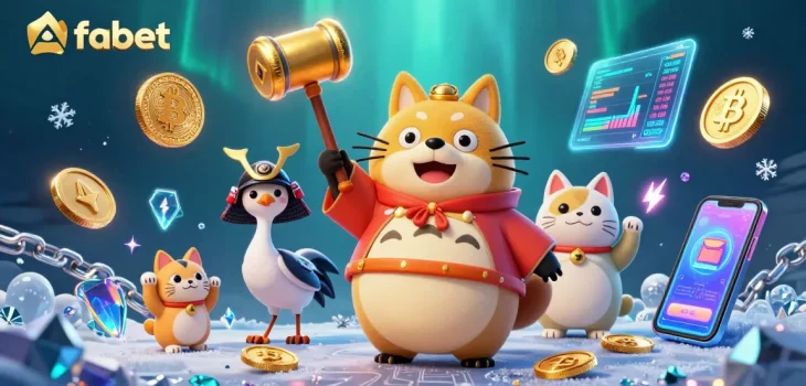 Experience fabet's exciting gaming with cartoon characters amidst vibrant casino elements.