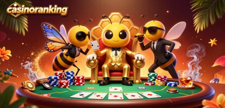 Experience casino excitement at casinoranking with a lively poker scene featuring a cartoon mob boss.