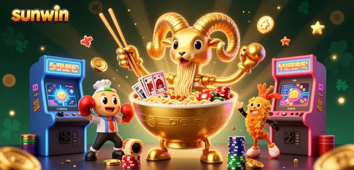 Experience thrilling gameplay at sunwin with cartoon characters in a vibrant casino-themed illustration.
